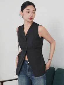 DAZY Chaleco casual sin mangas con botones delanteros para mujer, blazers entallados para mujer