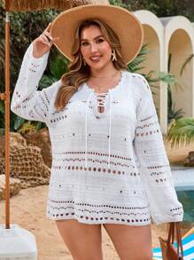 Swim Lushoire 1pc White Hollow Knit Front Tie Cover Up Dress For Plus Size Women, Summer Beach Vacation Wear - White - View 6
