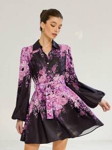 Aveloria Modichic Đầm ngắn cổ đứng in hoa màu hồng thanh lịch màu đen tay đèn lồng cạp chun trang phục đi nghỉ cho nữ - Nhiều màu - Xem 6