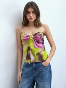 Maija Women's Green Summer, Tie Front, Transparent Shoulder Strap, Invisible Side Zipper, Tie-Dye Print, Pleated, Fashion, Elegant, Women's Outdoor Camisole Crop Top, Suitable For Concerts Going Out - Green - View 6