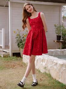 SHEIN Teen Girls Dress, Elegant Floral Strapless Texture Sleeveless Dress Red Dress, Suitable For Summer And Spring Wear, Suitable For Party And Vacation Occasions - Burgundy - View 6