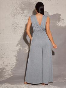 Vixey Deep V Neck Brushed Jersey Wide Leg Jumpsuit - Grey - View 2