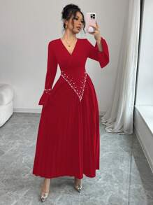 Elenzga 奢华女士晚礼服褶皱串珠珍珠长袖 V 领腰 A 字型优雅浪漫女士连衣裙 - 紅色 - 查看 4