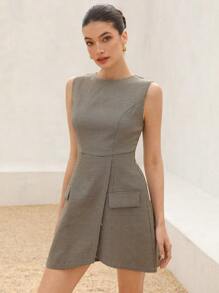 Aveloria 女士优质通勤格子圆领无袖口袋翻盖短款 A 字连衣裙