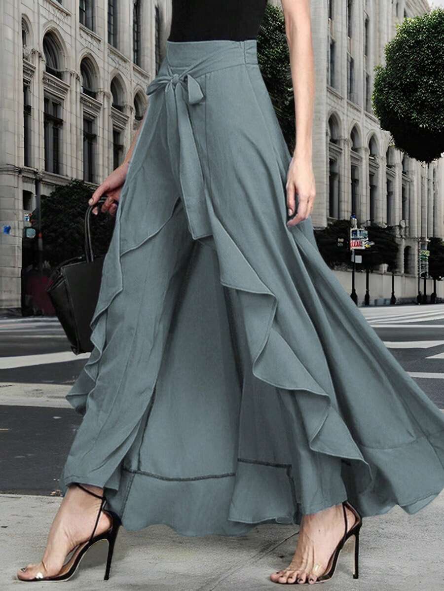 女士春夏休闲腰带开叉荷叶边短裙长裙裤子。 - 灰色 - 查看 1