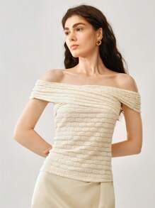 Chiquease Elegant Off-The-Shoulder Top In Slim-Fit Textured Knit Fabric - Apricot - View 5
