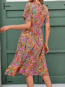 Ellevyn Vacation Outfits Woman,Boho Dress,Summer Elegant Women's Flower Print V-Neck Waist Cinched A-Line Short Sleeved Dress, Suitable For Various Occasions, Summer Vacation, Elegant Travel, Daily Commuting Can All Be Worn - Multicolor - View 7