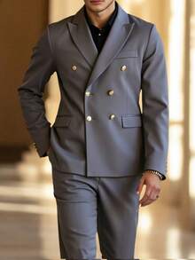 Calvornis 2 Pieces Men Plain Front Button Long Sleeve Pocket Simple Shirt And Pants Suit Set - Light Grey - View 1