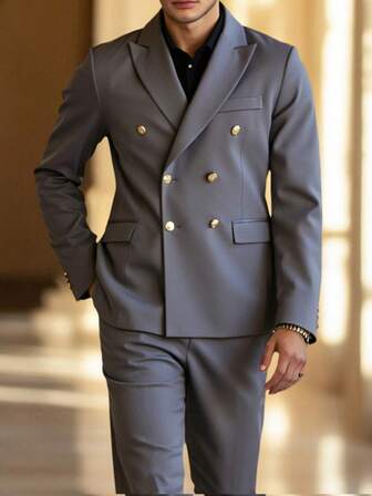 Manfinity Bizformal 2 Pieces Men Plain Front Button Long Sleeve Pocket Simple Shirt And Pants Suit Set