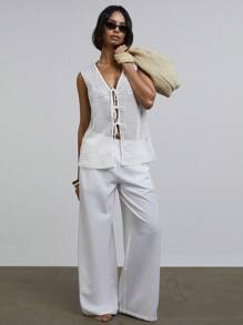 Athîral Women Solid Color Crochet Knit Tie Front Vest Top