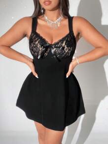 Viva Relle Plus Size Contrast Lace A-Line Dress - Black - View 6