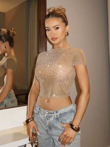 SHEIN BAE Sparkling Rhinestone Crystal Mesh Splice Sheer Crew Neck Tight Fit Sexy Long Sleeve Blouse, Great For Country Concerts, Festivals, Music Festivals, And Concerts