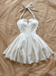 Soleia Đầm mini cổ buộc viền ren cổ điển dành cho nữ - trắng - Xem 3