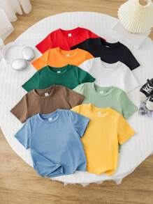 SHEIN Bộ 9 áo thun trẻ em trai: Thoải mái, thoáng khí, mặc hàng ngày, đa năng, giản dị, thời trang, cơ bản, đơn giản, dễ thương, nhiều màu sắc, cổ tròn, tay ngắn, áo thun dệt kim, thích hợp cho anh chị em, quần áo bố mẹ - con cái, phù hợp cho mặc hàng ngày, thể thao, trường học, tiệc tùng, lễ hội, biểu diễn, chụp ảnh, mùa tựu trường. - Nhiều màu - Xem 7