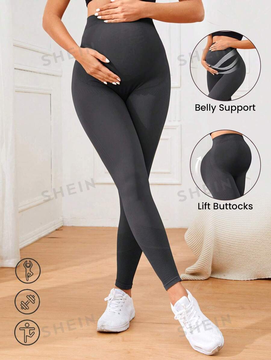 SHEIN Leggings de embarazo de unicolor con panel de soporte para el vientre y control de abdomen