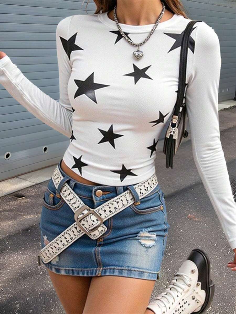 SHEIN Teen Girls' Knit Solid Star Print Raglan Sleeve Round Neck T-Shirt - White - View 1