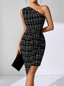 SHEIN Clasi 优雅女士格子粗花呢印花单肩褶皱系带褶皱下摆裹身连衣裙，适合各种场合和季节 - 黑與白 - 查看 2