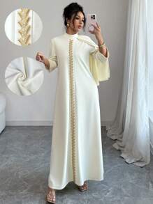 Selianne Váy dạ hội sang trọng dành cho nữ, đính hạt thủ công ở giữa phía trước, lễ hội Eid, tay áo 3/4, váy dệt kim - Màu be - Xem 1