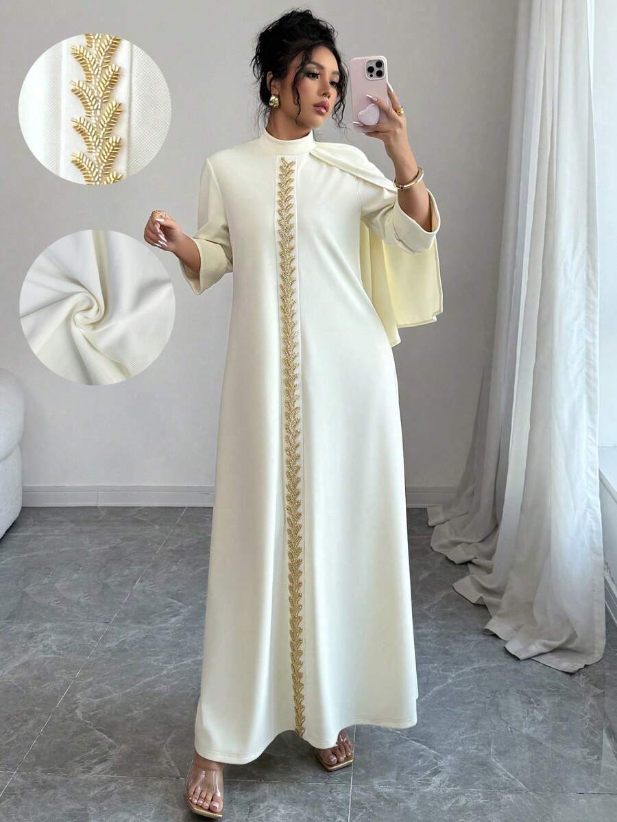Selianne Váy dạ hội sang trọng dành cho nữ, đính hạt thủ công ở giữa phía trước, lễ hội Eid, tay áo 3/4, váy dệt kim - Màu be - Xem 1