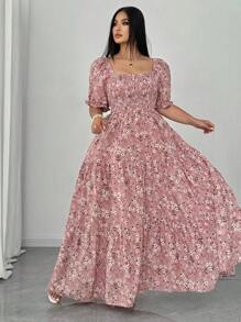 Elenzga 大码优雅碎花泡泡袖连衣裙 - 粉色 - 查看 1