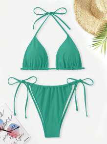 SHEIN Swim Curve 2pcs Plus Size Women Solid Color Underwire Bandeau Tankini Swimwear Set, Sexy & Fashionable For Summer Beach Vacation - Green - View 1