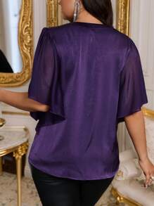 Allurite Women Plus Size 3D Flower Decor Pleated Loose Fit Half Sleeve Blouse