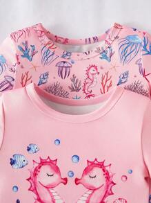 Young Girl Snug Fit Pajamas Set - Short Sleeve Top And Matching Pants. Featuring Cute Designs Of Hippo, Seaweed, Jellyfish, And Starfish In A Pink And Blue Tone. Soft Striped Fabric Material. - Multicolor - View 5