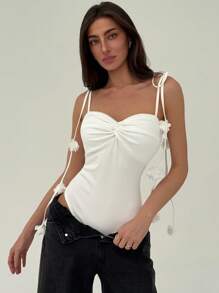 Aloruh Vrouwen Effen Kleur Bloemen Decor Twist Front Bodysuit, Minimalistisch & Slim Fit