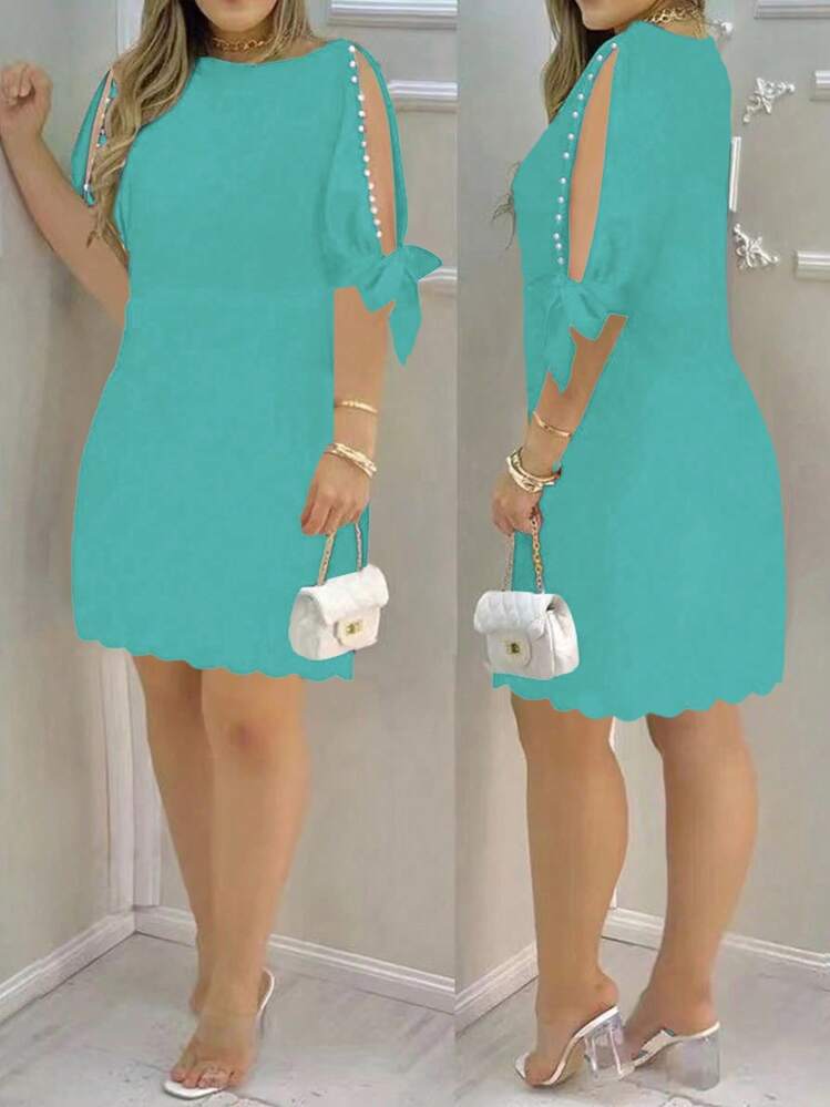 SHEIN Unity Robe courte à manches courtes de couleur unie avec perles, style minimaliste mode casual pour un port quotidien pour femmes - Vert menthe - Voir 4