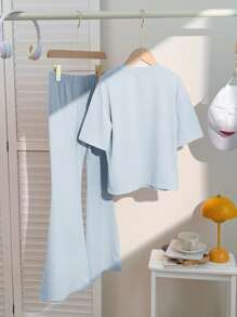 SHEIN Leap Crew 2pcs Tween Girls Casual Minimalist Long Sleeve Top & Leggings Set, Suitable For Autumn/Winter - Blue - View 2