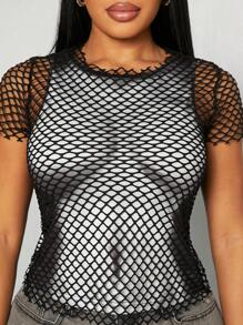 SHEIN SXY Sexy Allover Print Sheer Mesh Short Sleeve T-Shirt Top, Versatile For Daily Wear, Parties, Clubbing, Music Festivals, Summer - Multicolor - View 4