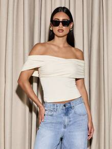 AiiRZ 褶饰露肩垂坠修身上衣 - 杏色 - 查看 1