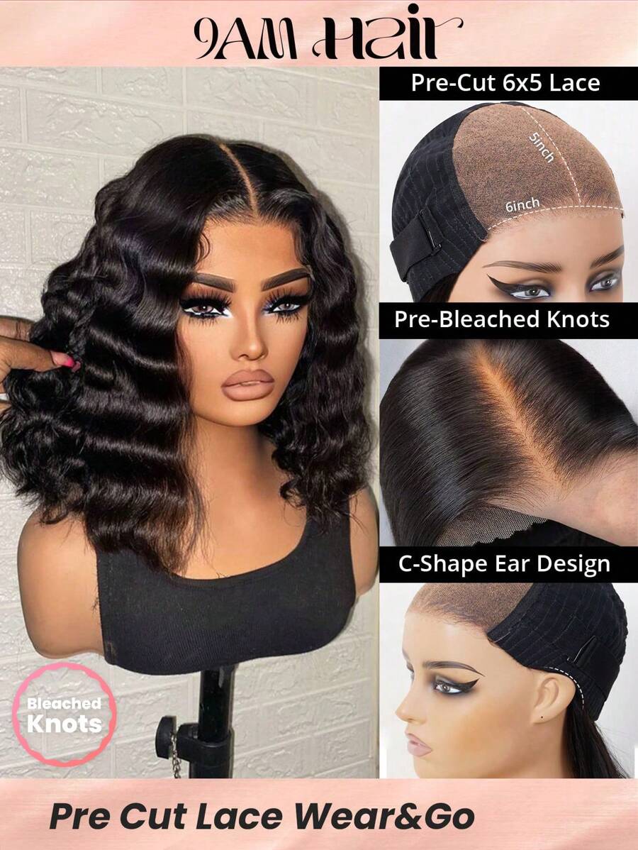 Density Pro Tóc giả bob gợn sóng sâu không cần keo Wear&Go 6x5 tóc giả bằng tóc thật cắt sẵn ren nhổ sẵn 200% mật độ tóc giả ren trong suốt - SNatural - Xem 1