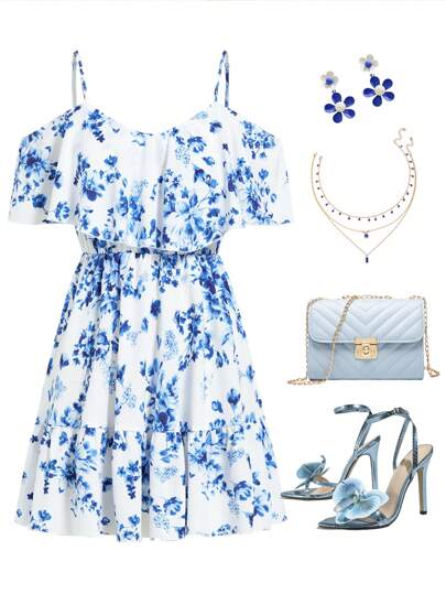Ellevyn Women's Elegant Blue & White Floral Print Spaghetti Strap Ruffle Ruffle Trim Waist A-Line Short Dress, Spring/Summer,Pastel Dresses For Women