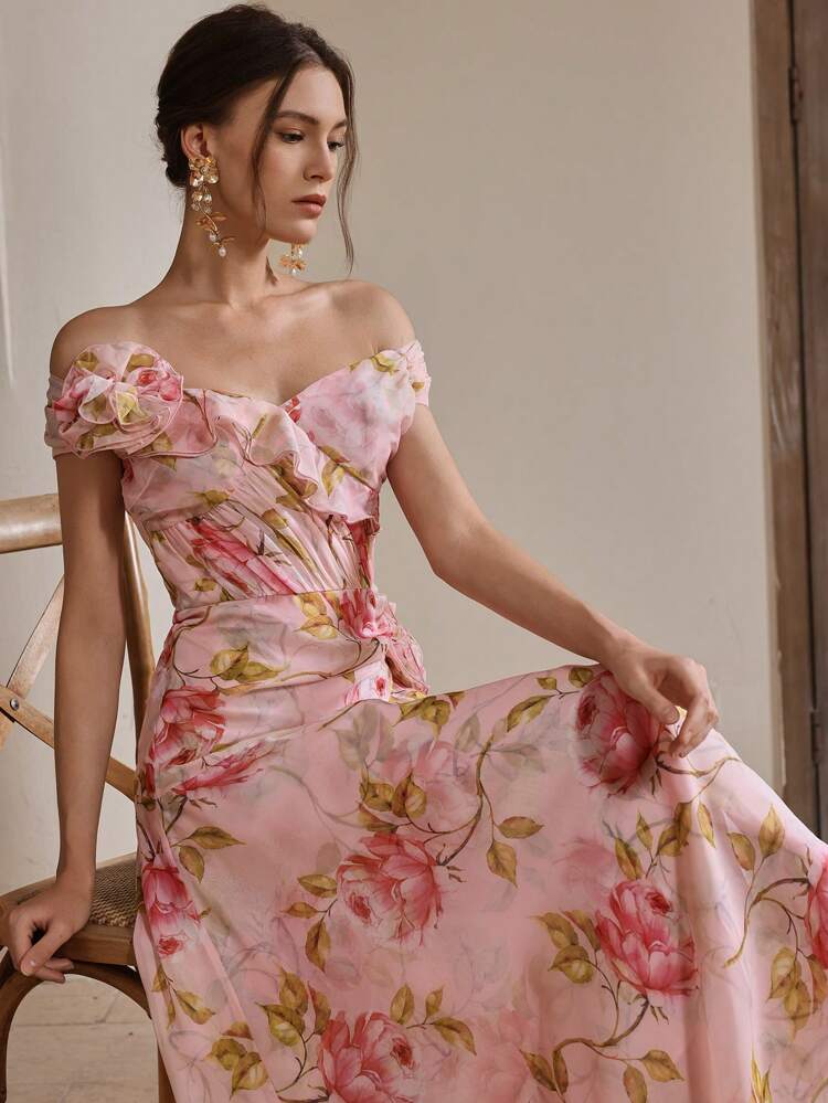 Women's Elegant Floral Party Chiffon Dress, Pink Midi Dress