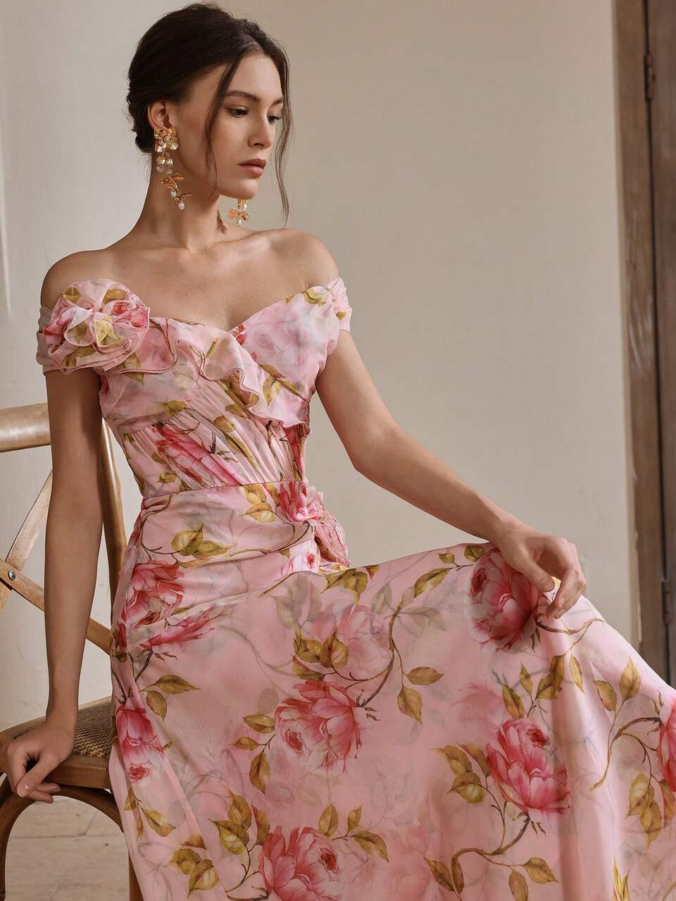 Women's Elegant Floral Party Chiffon Dress, Pink Midi Dress