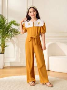 SHEIN Tween Girls Floral Print Tie Waist Romper With Short Puff Sleeves - Yellow - View 1