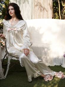 Bộ đồ ngủ lụa giả cổ Peter Pan viền bèo nhún trang trí nơ cổ điển phong cách cung điện cổ điển - Màu be - Xem 4