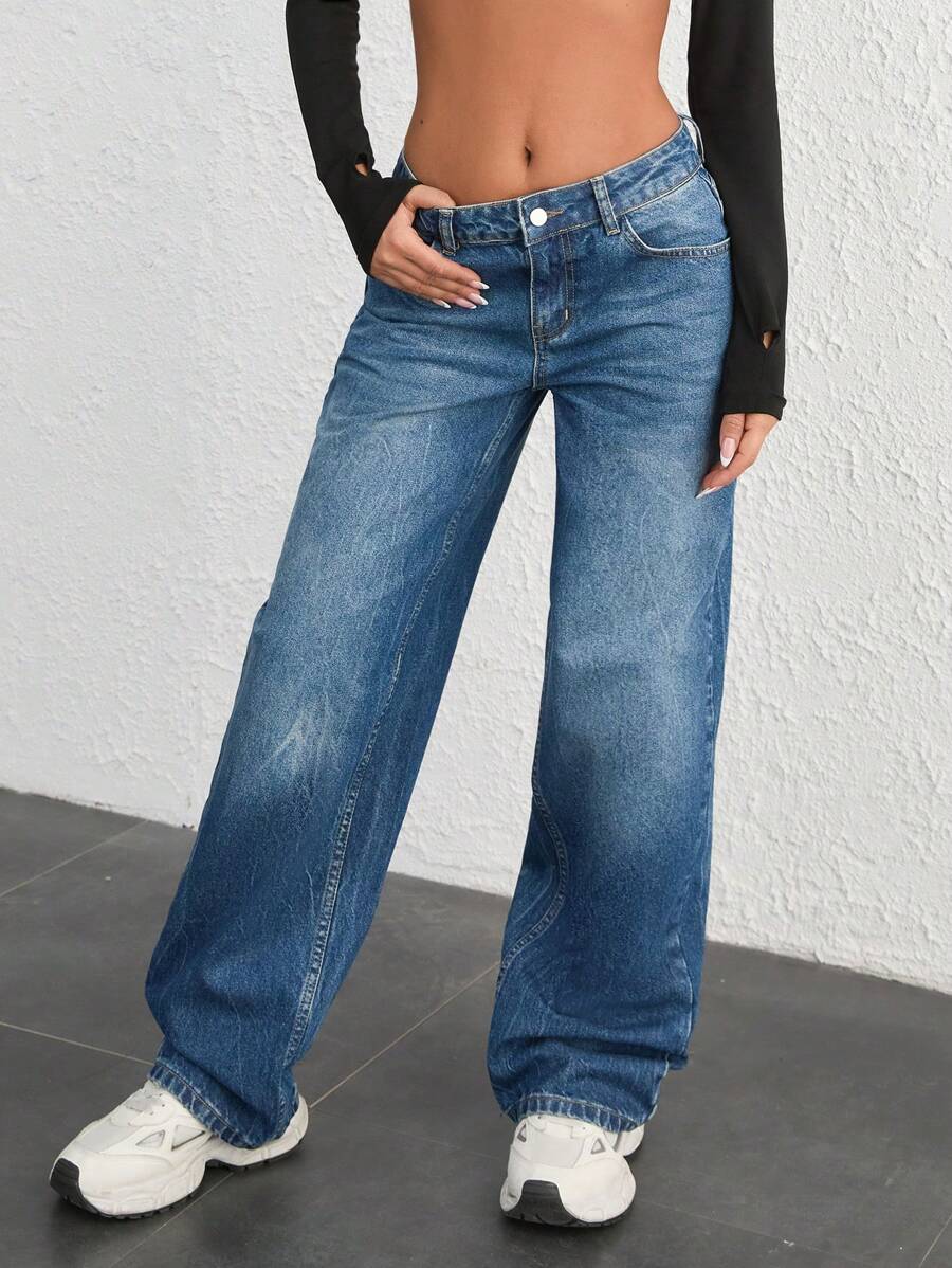 SHEIN Cottnline WOMAN LOW WAIST LOOSE STRAIGHT LEG JEAN - Medium Wash - View 1