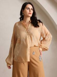 Anewsta 大码女式刺绣亮片装饰深 V 领长袖优雅办公室衬衫，春季服装 - 卡其色 - 查看 5