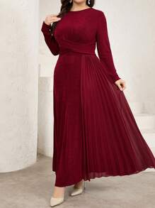 Modelyn Plus Size Women's Solid Color Round Neck Long Sleeve Pleated Simple Casual Arabian Dress,Modest - Burgundy - View 6