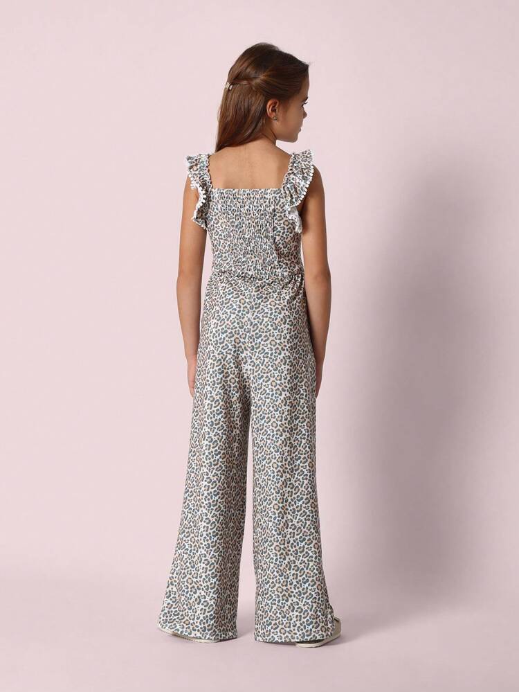 Casual Full Length Ruffle Strap Animal Print Wide Leg Jumpsuit