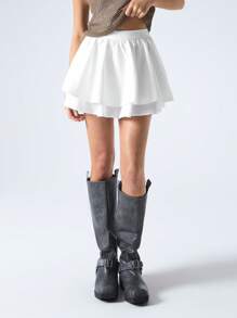 LYSMO Women's Solid Color Double Ruffle Hem Mini Skirt