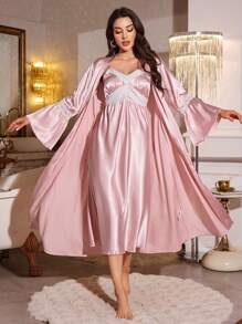 Conjunto de camisón y bata con decoración de lazo en seda sintética y malla