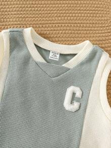 Baby Boy Letter Seal Contrast Color Knitted Soft Round Neck Wide Strap Pullover Top Elastic Waist Shorts Two-Piece Set