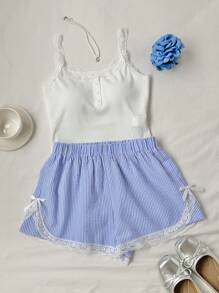 SHEIN Comfortcana 2pcs Women Summer Solid Color Lace Trim Cami & Striped Shorts Set - Blue - View 8