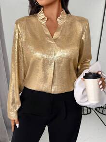 SHEIN Clasi Áo cánh nút vàng kim loại xếp nếp cổ chữ V cỡ lớn cho nữ - Vàng - Xem 5