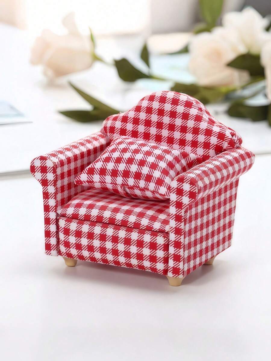 SHEIN 1pc 1:12 Mini Furniture Country Style Red & White Plaid Sofa Model Toy Christmas Decor,Doll Couch,Doll House Decor,Sylvanian Families