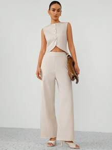 Aveloria Modichic Conjunto de traje de mujer compuesto por un chaleco de cierre de botón con orilla en arco de estilo casual y oficina y pantalones anchos de pierna ancha - Caqui - Ver 1