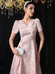 Modelyn Đầm nữ cổ chữ V tay ngắn họa tiết thanh lịch - trái cam - Xem 5